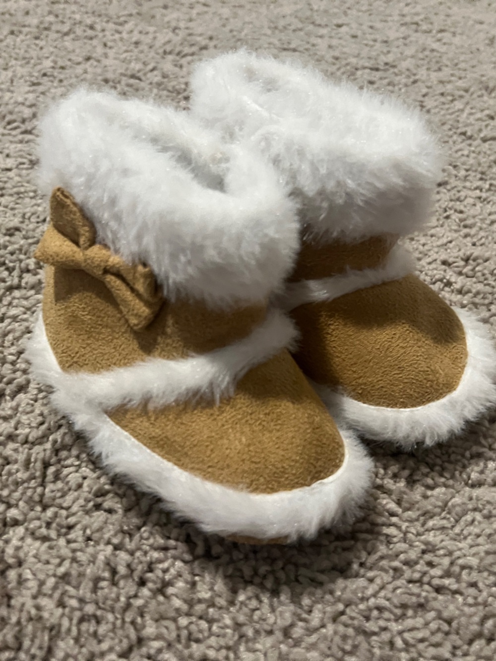 Kids Faux Fur Lined Bow Booties - Tan